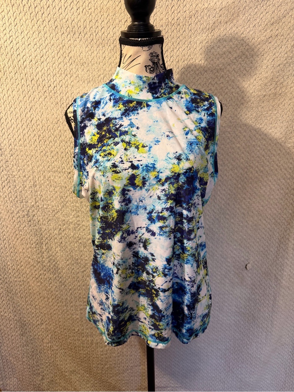 Athleta Mock Neck Sleeveless Tank in Blue, Navy, White & Yellow Tie-Dye